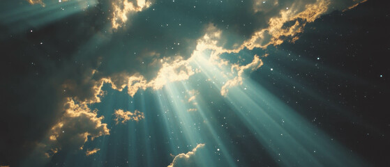 Poster - Radiant sunbeams shining through clouds in a serene sky during daylight hours
