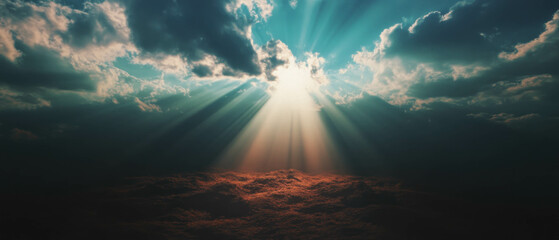 Poster - Radiant sunbeams breaking through clouds at midday in a serene sky