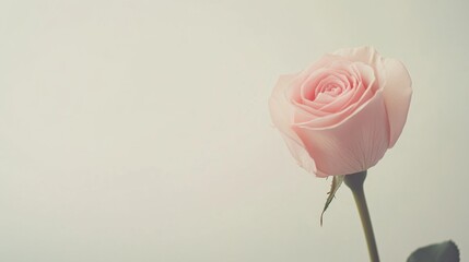 Poster - A lone pastel pink rose isolated against a light cream background, close-up shot, Minimalist style