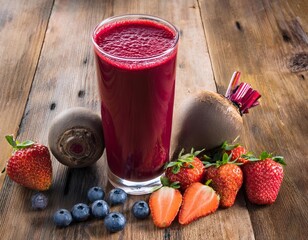 Wall Mural - Glass of beetroot and berry boost juice with fresh ingredients on rustic wooden table