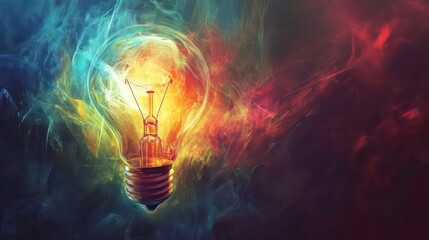 Poster - Glowing lightbulb in colorful smoke, symbolizing creativity and innovation.