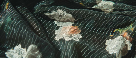 Poster - Delicate lace overlay texture with intricate floral patterns on dark fabric