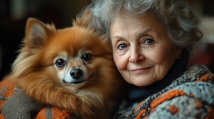 Poster - Senior woman cuddling her Pomeranian dog indoors.