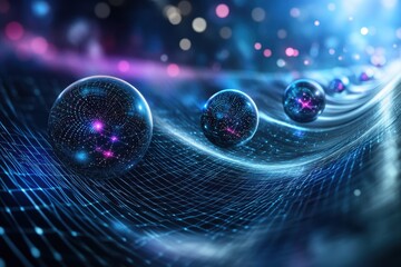 Poster - Cosmic spheres on a digital wave illuminated by shimmering lights in a dark space