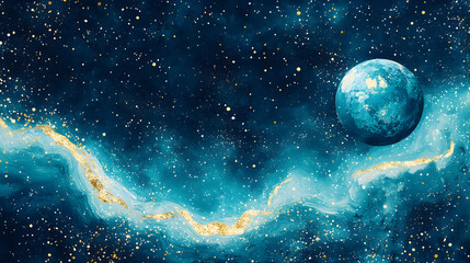 Wall Mural - Vibrant cosmic landscape featuring a blue planet surrounded by shimmering stars and swirling galactic nebulae in deep space