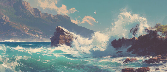 Aufkleber - Crashing waves on a rocky coastline with mountains in the background during a sunny day