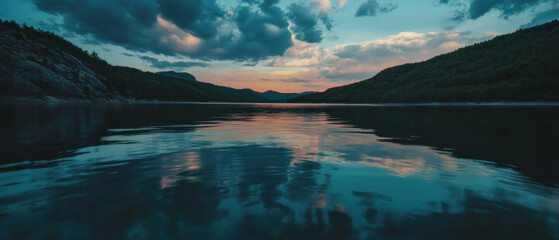Poster - Tranquil sunset over a serene lake reflecting colorful skies and gentle waves