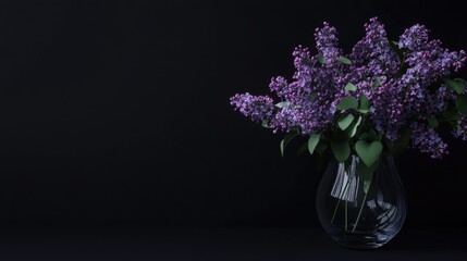 Poster - A minimalist arrangement of purple lilacs in a sleek glass vase against a black backdrop, angled shot, Minimalist style