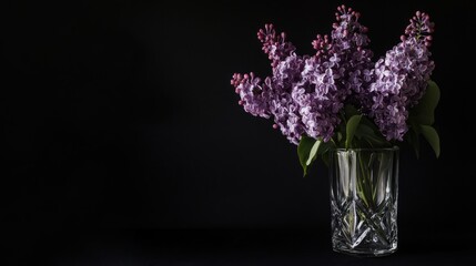 Poster - A minimalist arrangement of purple lilacs in a sleek glass vase against a black backdrop, angled shot, Minimalist style
