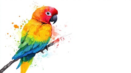 Wall Mural - Bright parrot perched on a branch with vibrant colors and ample space for text and creative design. Generative AI