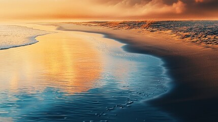 Canvas Print - Serene sunset reflecting on tranquil beach water.