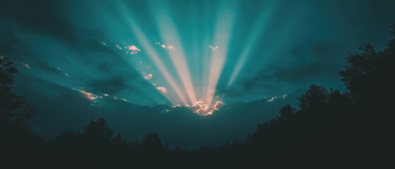 Aufkleber - Background overlay showcasing vibrant sun rays through clouds with deep blues and bright contrasts