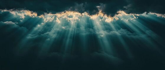 Poster - Sun rays breaking through clouds in a dramatic and ethereal atmosphere