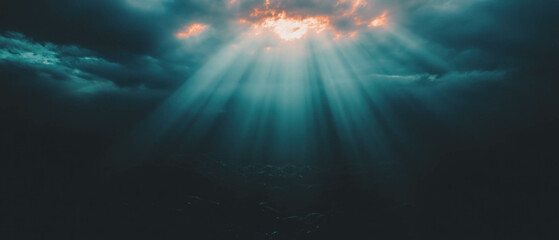 Aufkleber - Sun rays breaking through dark clouds creating a serene and tranquil atmosphere
