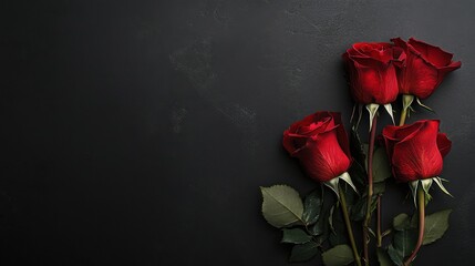 Poster - A minimalist composition of red roses on a sleek black background, close-up shot, Contemporary style