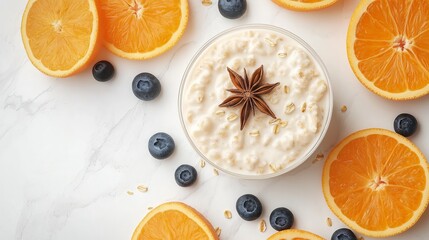 Sticker - A minimalistic breakfast tray featuring a bowl of oatmeal topped with star anise, surrounded by fresh blueberries and sliced oranges