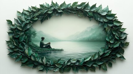 Tranquil lake view framed by coffee tree leaves with a man enjoying morning peace