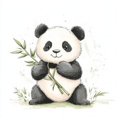 Poster - Cute panda sitting and holding a bamboo stem with ample space for text on a clean background. Generative AI