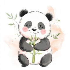 Poster - Cute panda holding bamboo with soft colors and plenty of empty space for text or design needs. Generative AI