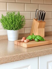 Wall Mural - Kitchen countertop with herbs, garlic, knives, and wooden cutting board.