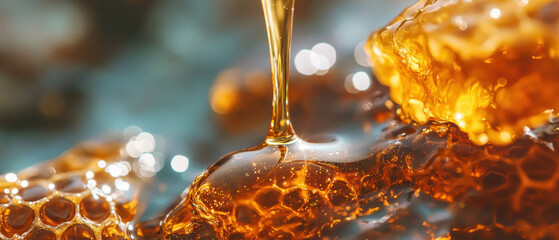 Poster - Close-up view of honeycomb with golden honey dripping from its surface