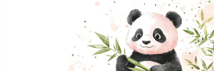Poster - Panda happily holding bamboo with plenty of space for text and colorful background. Generative AI