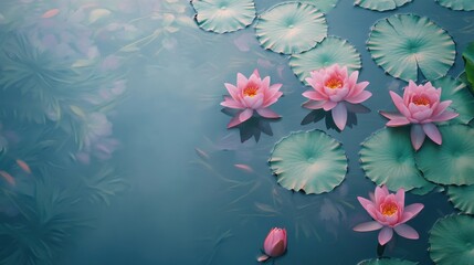 Poster - A serene composition of pink lotus flowers floating on a tranquil pond, top-down shot, Zen style