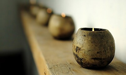 Canvas Print - Lit candles in rustic containers on wooden shelf.