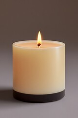 Canvas Print - Lit cylindrical candle with dark base on grey background.