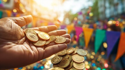 Wall Mural - Close-up of a hand holding shiny coins with colorful Mardi Gras flags and beads in the background during a lively street parade