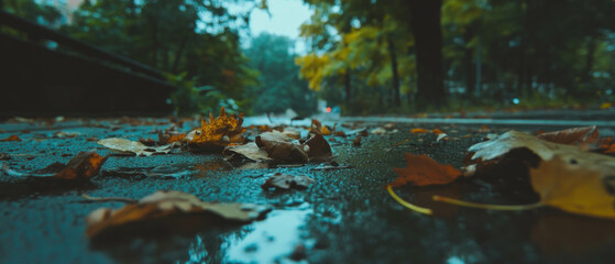Poster - Vibrant autumn leaves cover a rainy path surrounded by colorful trees