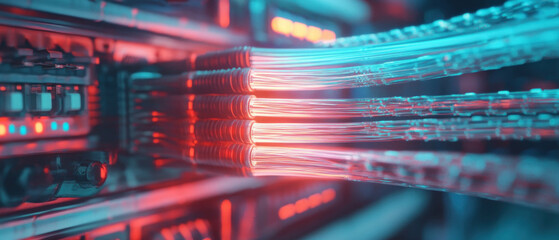 Poster - Glowing fiber optic cables with vivid colors and soft lighting in a hyper-realistic style