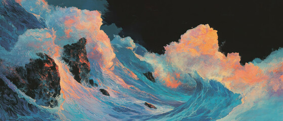 Aufkleber - Vibrant sunset over turbulent sea waves with dramatic clouds in a striking landscape view