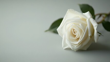 Poster - A serene white rose on a light gray background, close-up shot, Minimalist style