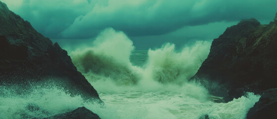 Poster - Rocky coastline with dramatic waves crashing against cliffs under a stormy sky