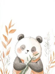 Poster - Cute panda enjoying a fresh bamboo snack with space for your message in the background. Generative AI