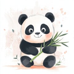 Poster - Panda happily holding bamboo with a charming expression and plenty of space for text and design elements. Generative AI