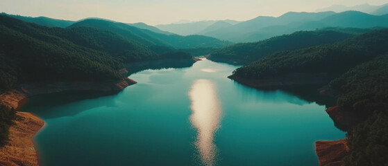 Poster - Cinematic view of a tranquil lake embraced by majestic mountains at sunset