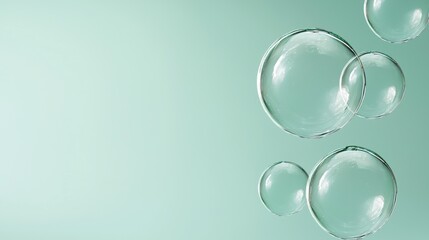 Wall Mural - A green background with four clear bubbles in the foreground