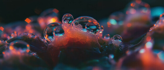 Poster - Close-up view of dew droplets on grass in early morning light reflecting nature's beauty