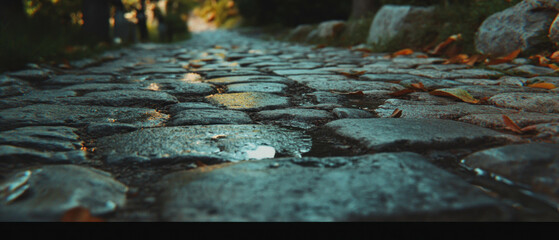 Poster - Charming cobblestone streets glisten after rain in a peaceful afternoon setting