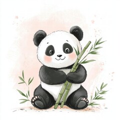 Poster - Cute panda holding bamboo in a playful pose, minimalistic background with space for text. Generative AI