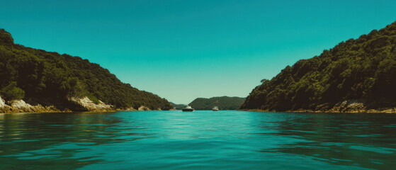 Poster - Cinematic view of tranquil bay under vibrant blue sky with distant hills