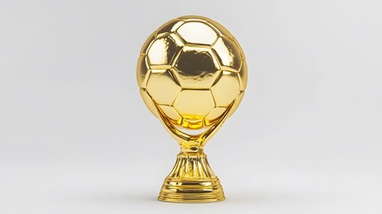 Shiny gold soccer ball trophy on white background.