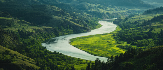 Poster - Winding river flows through tranquil valley surrounded by lush green hills