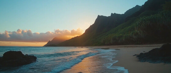 Poster - Cinematic sunrise view over a tranquil beach with gentle waves and majestic cliffs