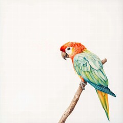Aufkleber - Bright parrot perched on a branch with plenty of space for text or design elements in a colorful illustration. Generative AI