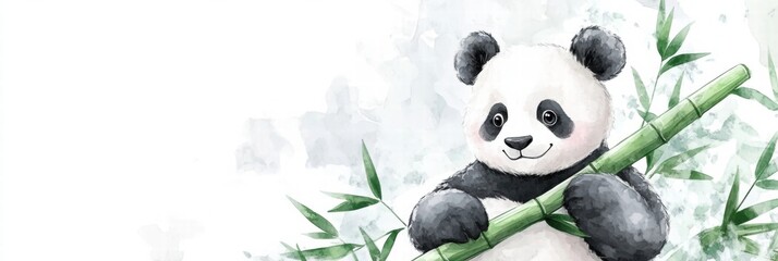 Poster - Cute panda holding bamboo in a tranquil setting with ample space for text or message. Generative AI