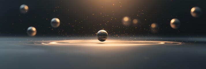 Wall Mural - A series of shiny, metallic spheres are floating in a pool of water