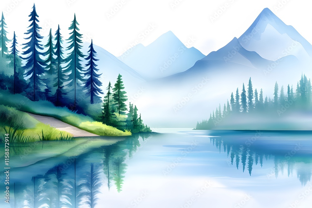 Watercolor clipart of a mountain lake with pine trees and a trail, on a ...